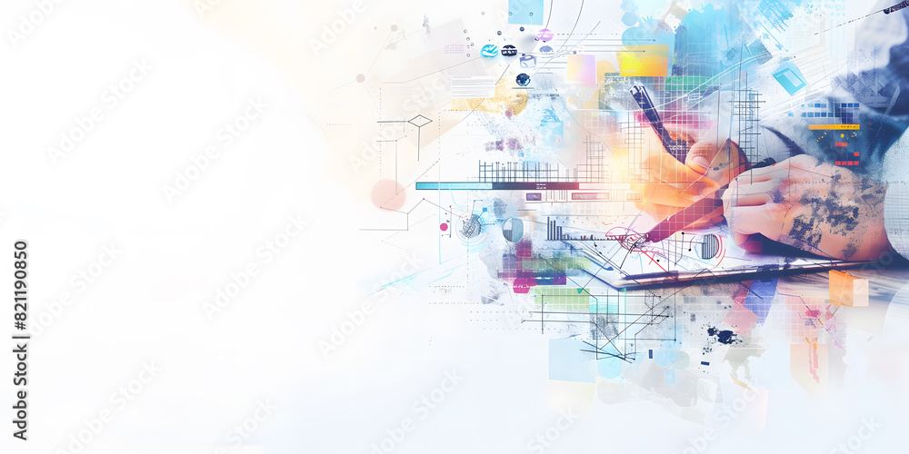 A person is writing on a tablet with a colorful background A person is writing on a tablet with a colorful background