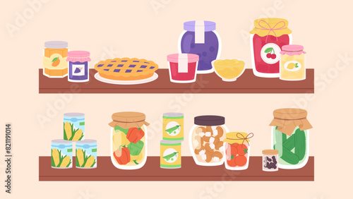 Jam jars and vegetable preserves on shelves. Sweet pie with fruit or berry marmalade. Pickles, peppers, tomatoes, olives and mushrooms, vector elements