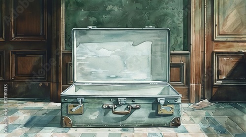 A bankrupt travelers empty suitcase in an abandoned hotel room, realistic, monochrome, watercolor, showing financial ruin photo