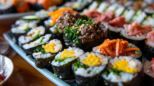 Colorful variety of korean gimbap with a medley of vegetables, eggs, and meats, presented in an elegant traditional platter photo