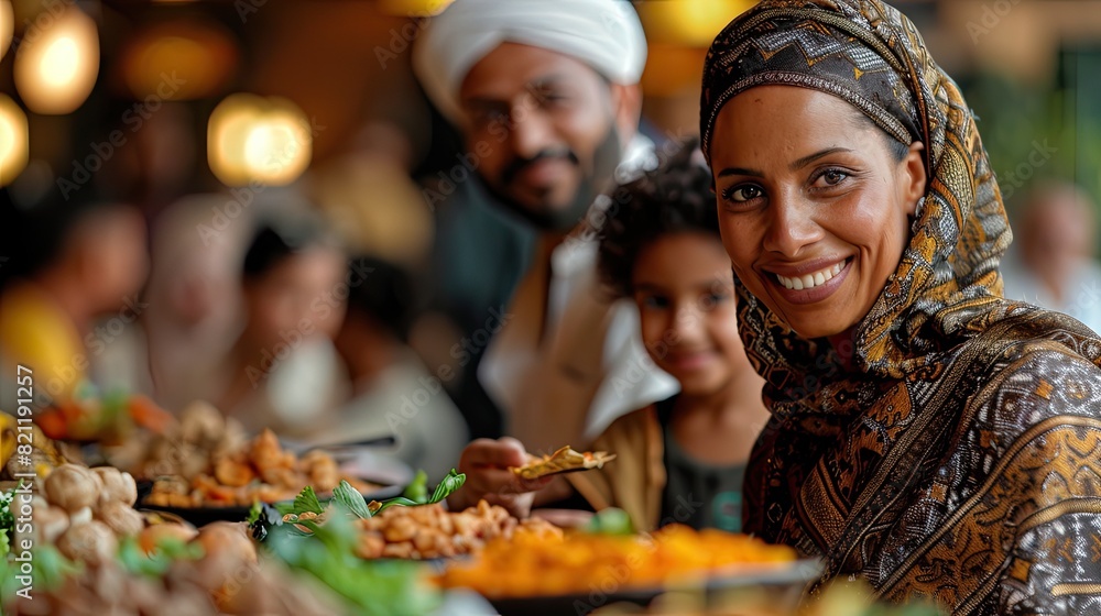 Black family savoring traditional Middle Eastern cuisine at an outdoor market