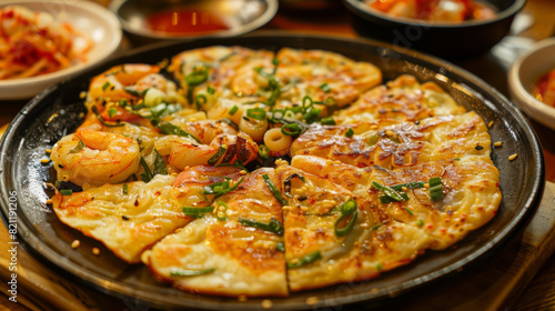 Korean seafood pancake, or haemul pajeon, presented on a sizzling black plate with spring onions and dipping sauce