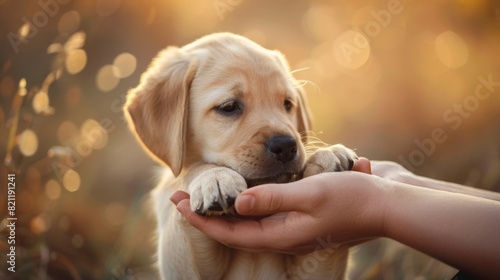 Gentle labrador puppy nuzzling against its owner's hand, seeking affection.