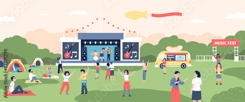 Open air festival. People listen music and dancing in park. Singers on stage, food truck and tents. Weekend rest on nature, entertainment recent vector scene
