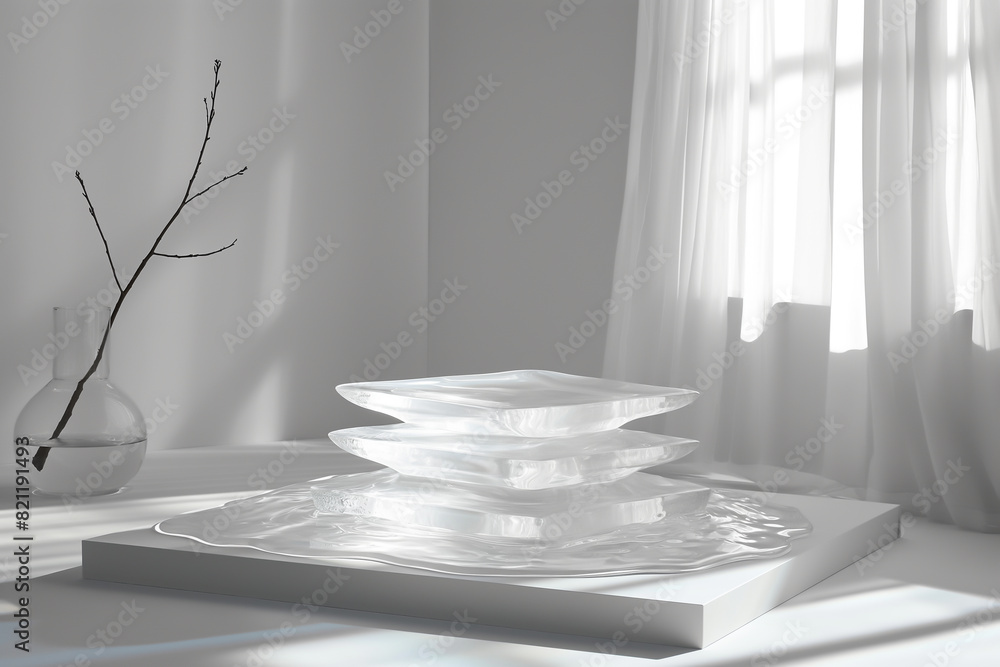 3d rendering of a white room with a glass podiums on a white reflective floor 3d rendering of a white room with a glass podiums on a white reflective floor