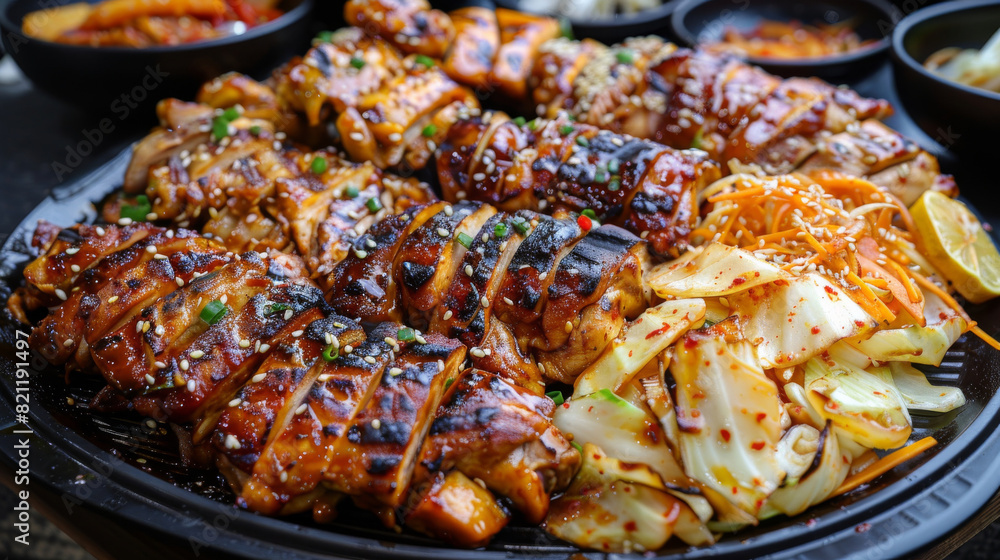 Savory korean chicken dish topped with sesame seeds, accompanied by kimchi and vegetables on a classic black platter