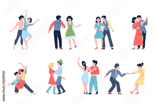 Couple dancing together. Different dancers, modern and ballet, hip hop and traditional dances. People in different costumes, entertainment actors recent vector set