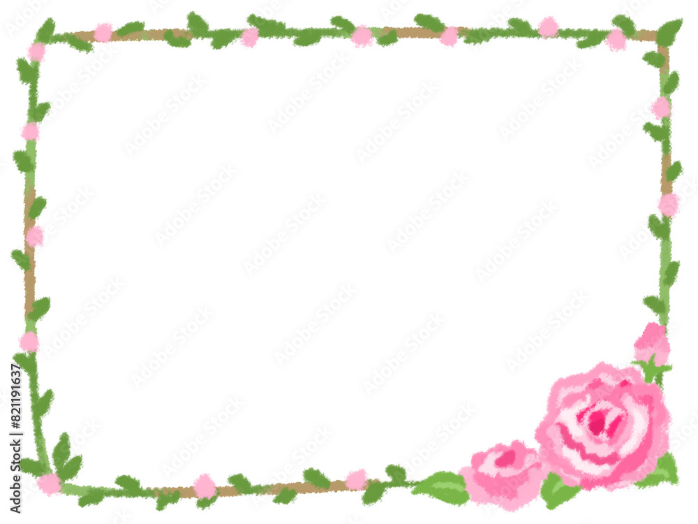 四隅をぐるっと植物で囲んだ可愛らしいピンクの薔薇のフレーム素材 四隅をぐるっと植物で囲んだ可愛らしいピンクの薔薇のフレーム素材