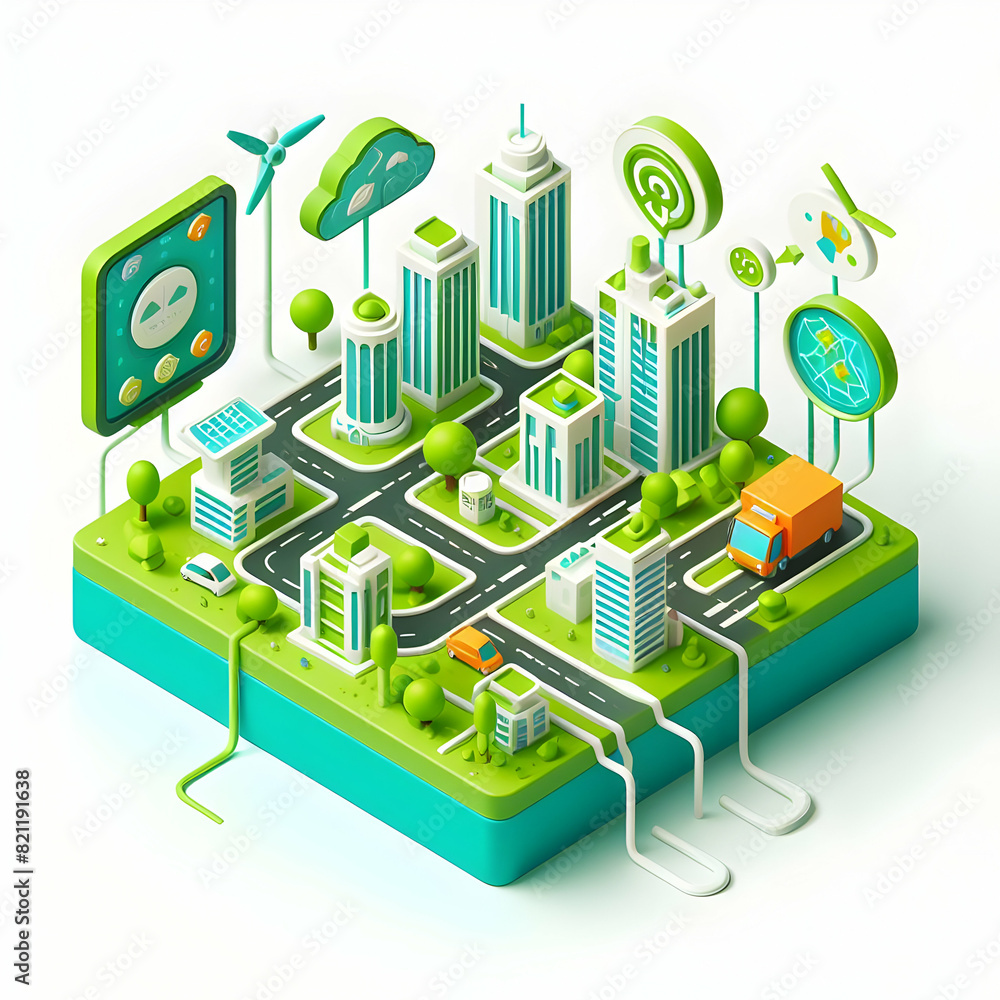 Detailed 3D Flat Icon: Smart City Ventures with Digital Info for Sustainable Urban Development Resource Management in Cartoon Style Detailed 3D Flat Icon: Smart City Ventures with Digital Info for Sustainable Urban Development Resource Management in Cartoon Style