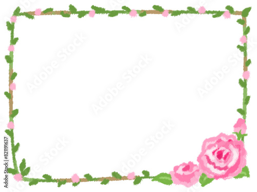 四隅をぐるっと植物で囲んだ可愛らしいピンクの薔薇のフレーム素材