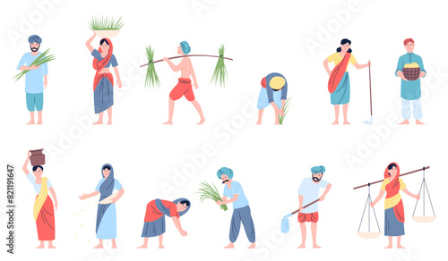 Traditional indian farmers. Rural farm characters working with different tools, carry bowls on the head and plowing field. Asian agriculture recent vector set