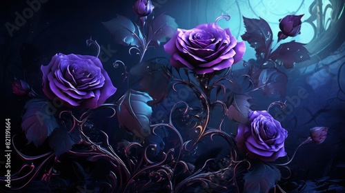 Beautiful deep purple roses in gothic style with iron foliage on froggy background.