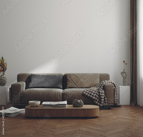 Contemporary neutral colors minimalist interior, home mockup , 3d render