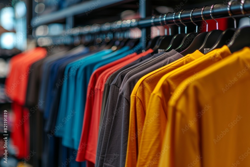 A rack of clothes with a variety of colors including red, blue, and yellow A rack of clothes with a variety of colors including red, blue, and yellow