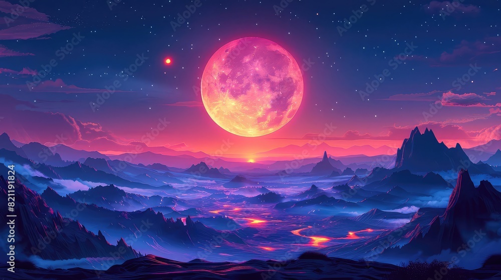 Full moon over Volcanic Landscape flat design top view lunar glow theme animation Tetradic color scheme Full moon over Volcanic Landscape flat design top view lunar glow theme animation Tetradic color scheme