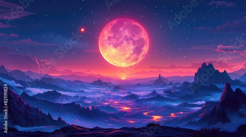 Full moon over Volcanic Landscape flat design top view lunar glow theme animation Tetradic color scheme