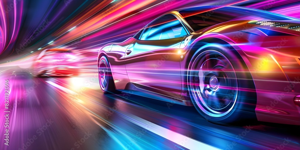 Neonlit city highway with fast sports car racing under vibrant lights