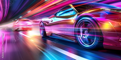 Neon-lit city highway with fast sports car racing under vibrant lights. Concept Night Photography, Speed and Motion, Urban Landscape, Sports Car, Neon Lights