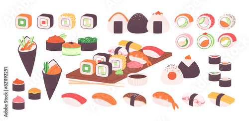 Sushi rolls set. Tasty asian style food, onigiri and roll with rice, vegetables and fish. Traditional serving with soy sauce, racy vector clipart