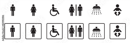 Toilet vector icons set, male or female restroom wc. Set of toilet sign photo