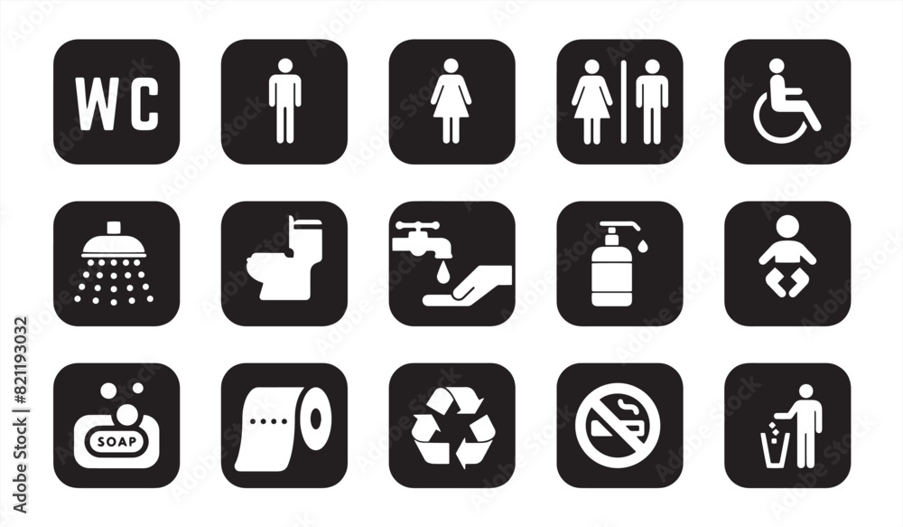 Toilet vector icons set, male or female restroom wc. Set of toilet sign ...