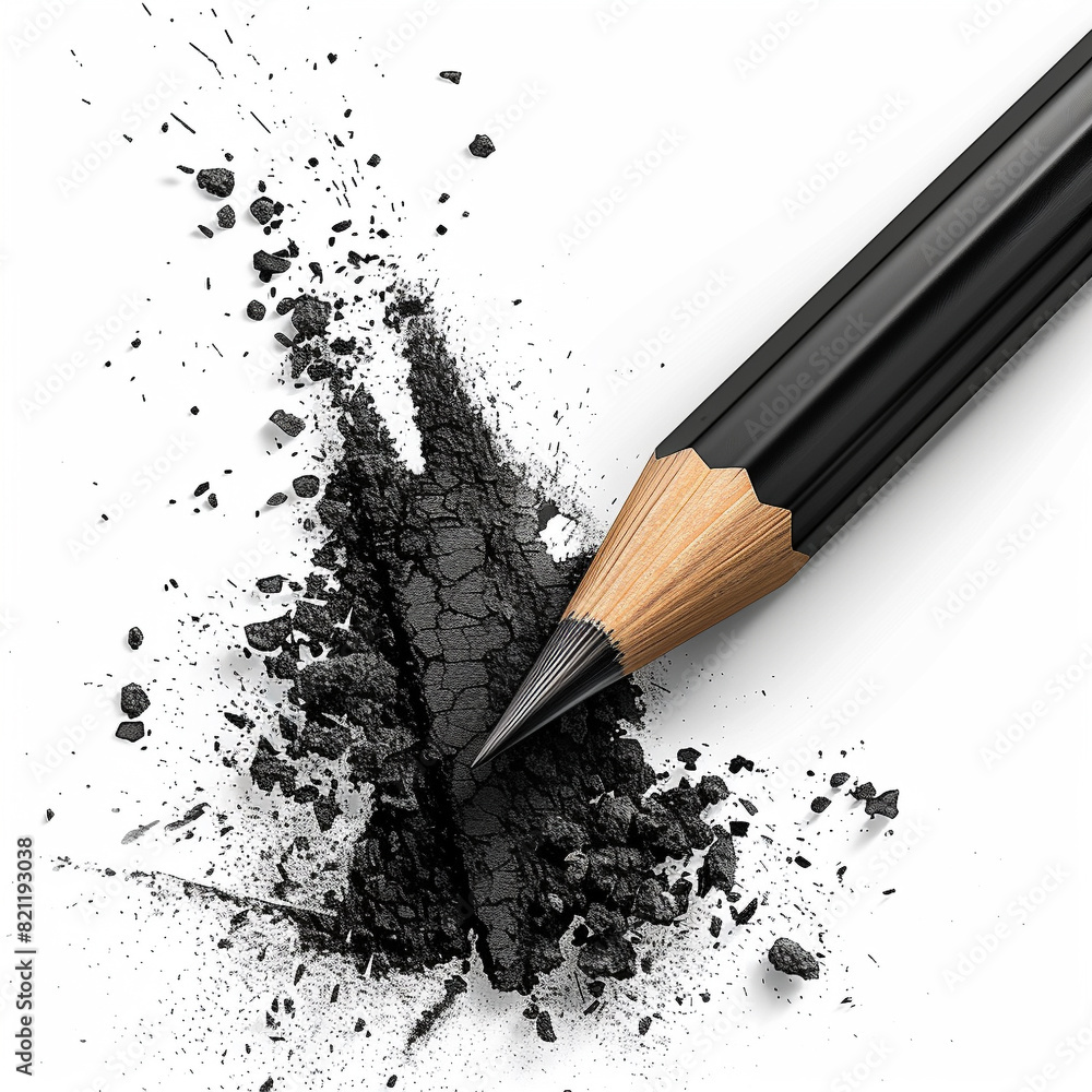 Close-up of a black pencil with shattered graphite on a white background, symbolizing creativity and artistic inspiration. Close-up of a black pencil with shattered graphite on a white background, symbolizing creativity and artistic inspiration.