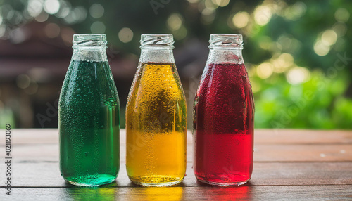 Colorful carbonated drinks in glass bottles with condensation drops. Delicious beverage. photo
