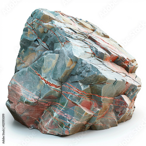 Close-up of a large  vibrant  multicolored rock formation with visible layers and texture on a white background.