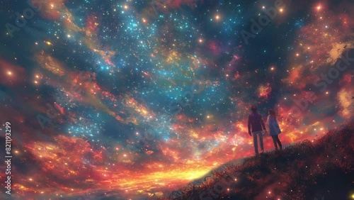 A couple stands on the top of the hill and looks at the sky filled with stars.  photo