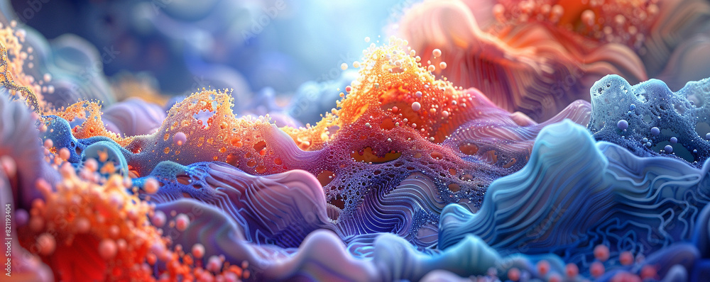 Naklejka premium Colorful abstract 3D rendering with vibrant colors and organic shapes, resembling an imaginative blend of nature and digital art