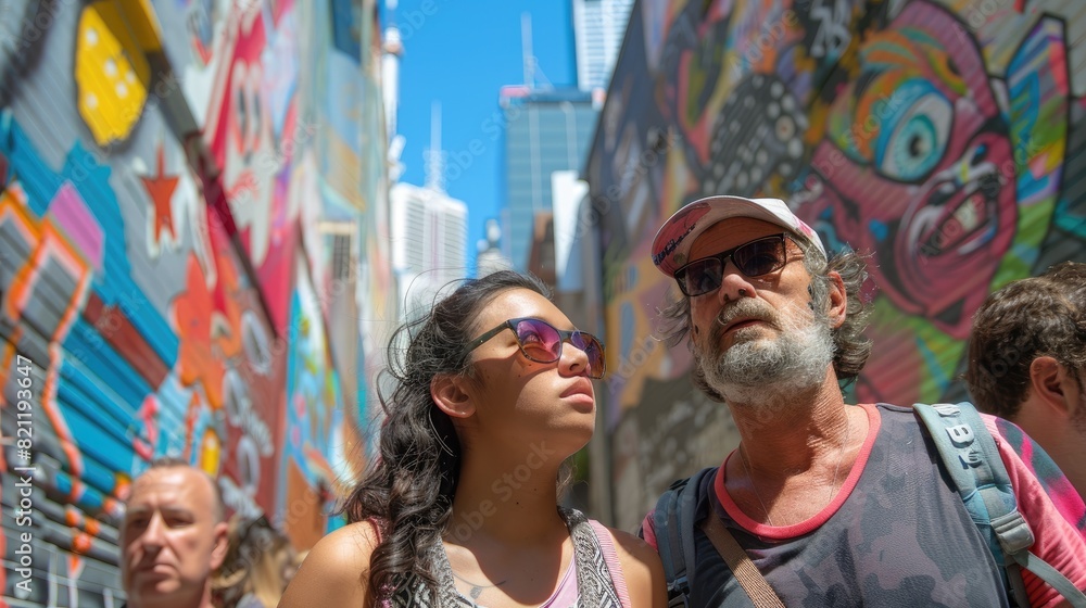 Diverse group of tourists admiring street art Diverse group of tourists admiring street art