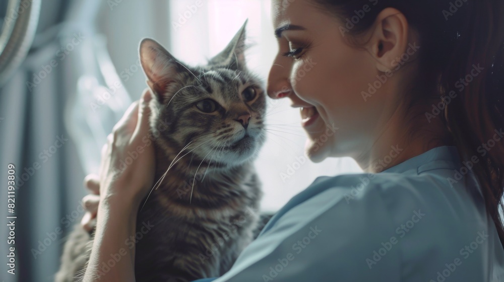 Happy pet owner receiving good news from the veterinarian about their recovering cat. Happy pet owner receiving good news from the veterinarian about their recovering cat.