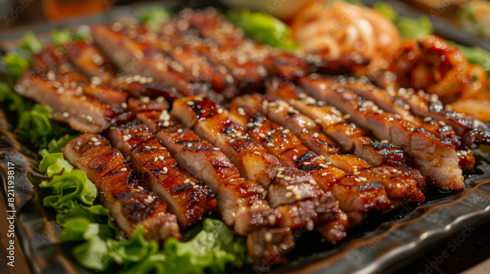 Close-up of delicious korean barbecue pork served with fresh salad and spicy sides on a wooden table Close-up of delicious korean barbecue pork served with fresh salad and spicy sides on a wooden table