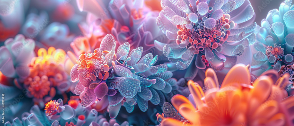 Obraz premium Vibrant abstract flowers in shades of pink and blue, showcasing intricate textures and details in a mesmerizing digital art style.