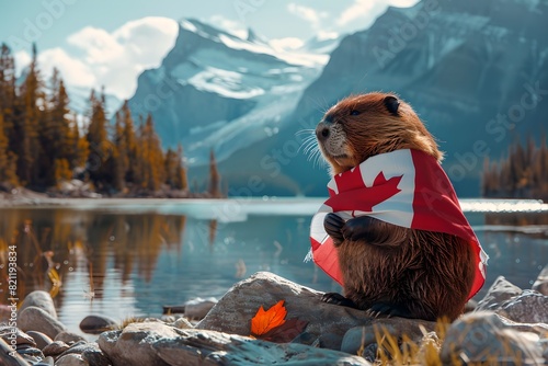 Beaver wrapped in Canadian flag by lake with mountains in background. Close-up of beaver against Canadian flag. Canada Day holiday. National celebration and patriotism concept. Banner, poster