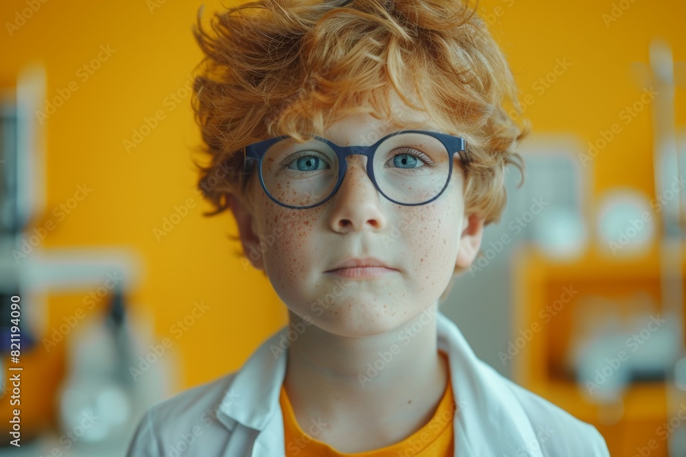 A young boy with glasses and red hair is standing in front of a yellow wall, science classes A young boy with glasses and red hair is standing in front of a yellow wall, science classes