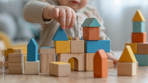 A toddler is playing with a wooden block city, stacking the blocks to create a tall building