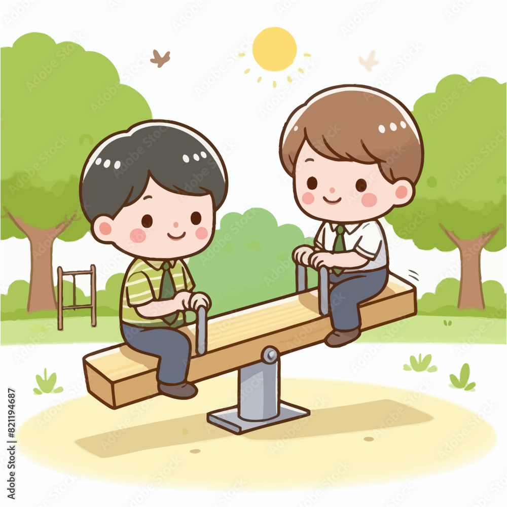 Simple Vector Art Cartoon Illustration of Two Boys Were Playing On A Seesaw Simple Vector Art Cartoon Illustration of Two Boys Were Playing On A Seesaw
