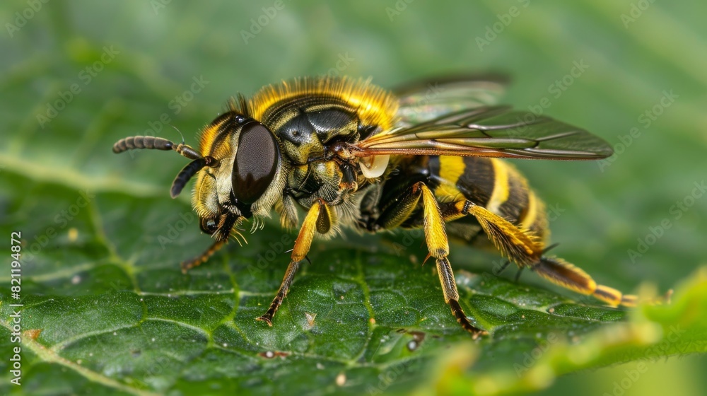 Hoverfly resting on a leaf, looking like a small bee with its striped body. Hoverfly resting on a leaf, looking like a small bee with its striped body.