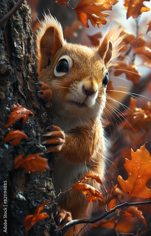 In an autumn forest, a charming squirrel peeks from behind oak tree adorned with orange leaves In an autumn forest, a charming squirrel peeks from behind oak tree adorned with orange leaves