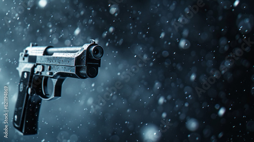 A gun is shown in a blurry image with snow falling in the background