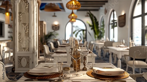 Mediterranean interior, an elegant set table in a restaurant. Generative AI photo