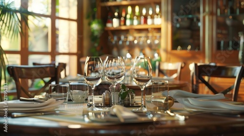 Mediterranean interior, an elegant set table in a restaurant. Generative AI photo