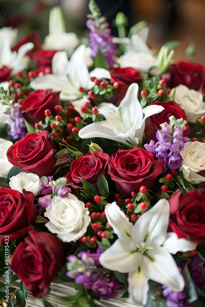 A lovely dark wood coffin adorned with roses, lilies, and carnations creates a lush display. Shot up close, the image captures intricate details, enhanced by soft, diffused light for a warm atmosphere A lovely dark wood coffin adorned with roses, lilies, and carnations creates a lush display. Shot up close, the image captures intricate details, enhanced by soft, diffused light for a warm atmosphere