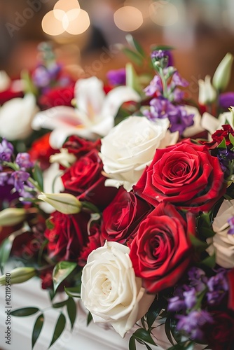 A lovely dark wood coffin adorned with roses  lilies  and carnations creates a lush display. Shot up close  the image captures intricate details  enhanced by soft  diffused light for a warm atmosphere