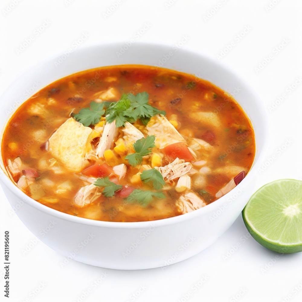 Chicken tortilla soup in bowl, plate Chicken tortilla soup in bowl, plate