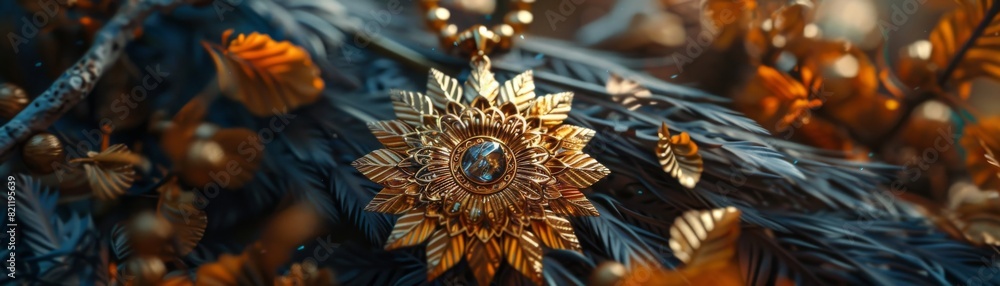 AI-generated photo of a beautiful golden pendant with diamonds on a gray stone surface surrounded by colorful leaves in the background. AI-generated photo of a beautiful golden pendant with diamonds on a gray stone surface surrounded by colorful leaves in the background.