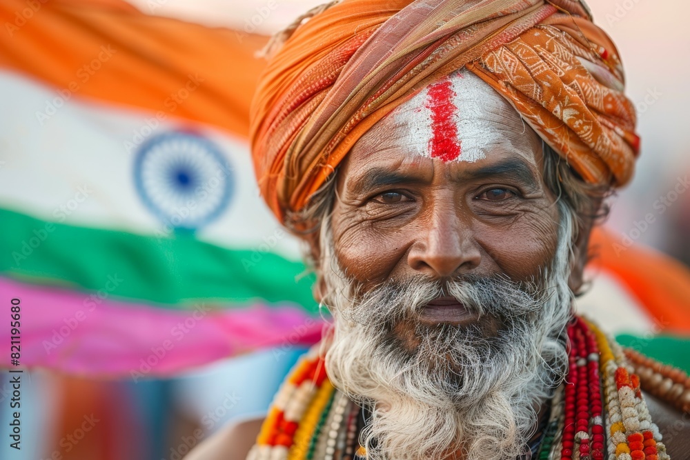 A man wearing a turban and holding a flag of India, Indian symbol A man wearing a turban and holding a flag of India, Indian symbol