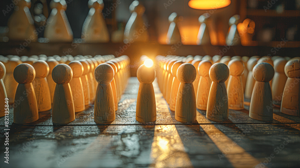 a scenario where a magnet is being used to select an individual from a lineup of wooden figures, conveying the power of attraction or the idea of being chosen