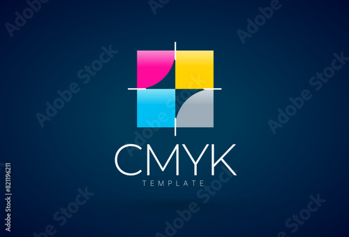 Logo CMYK squares palette color. Abstract test control scales Print theme. Template design vector. Black background.
